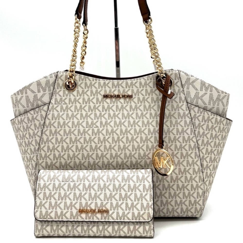 Michael Kors Large Jet Set Travel Chain Shoulder Bag & Trifold Wallet Vanilla - Picture 2 of 14